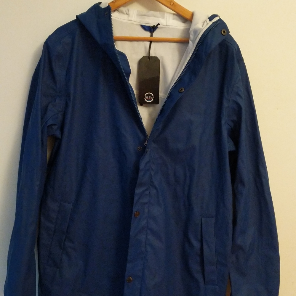 One Man Outerwear Navy Blue hooded Medium sized raincoat